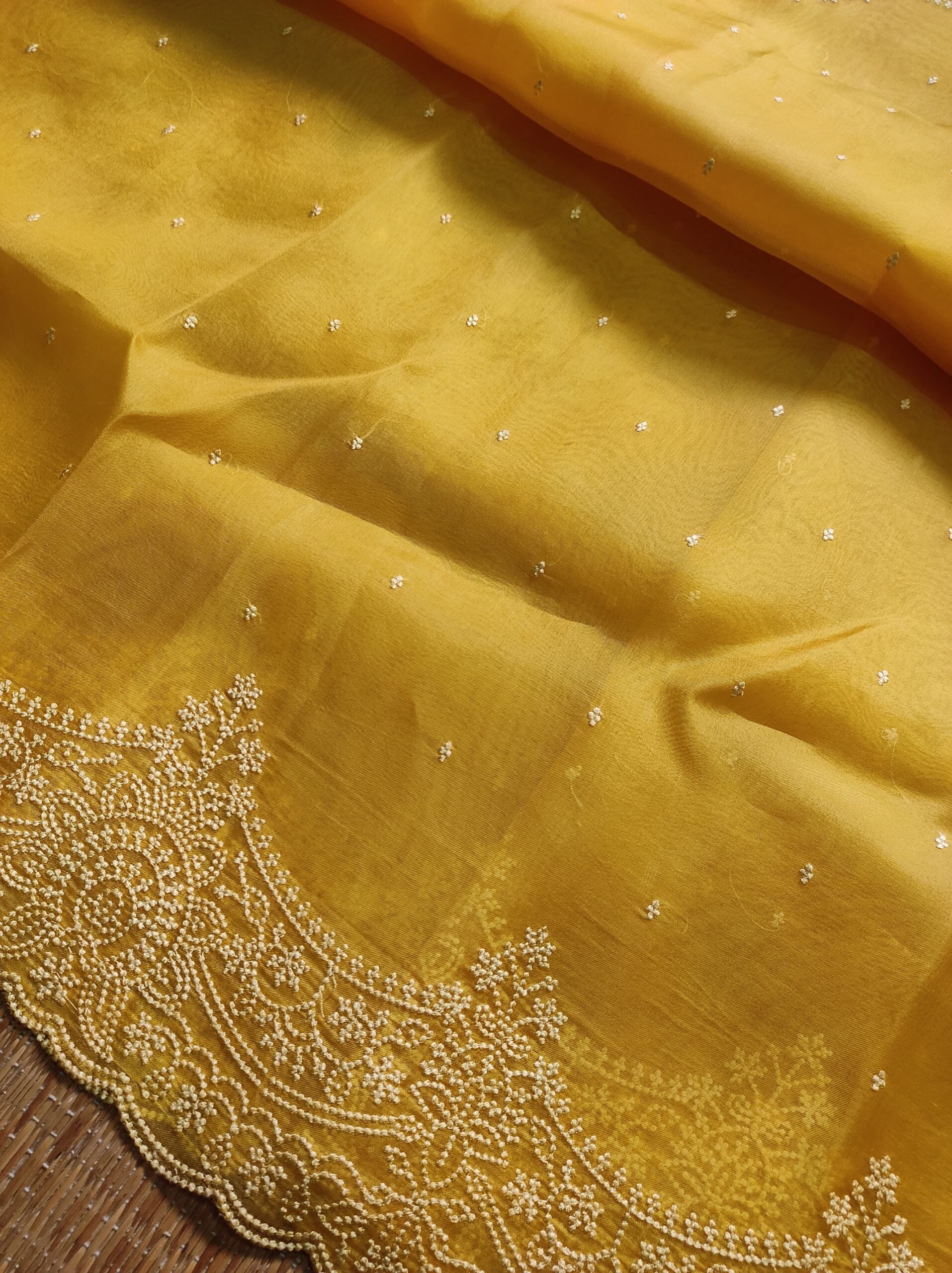 Pure Organza Silk Saree with Pearl Style Scallop Edging Embroidery Work All Over