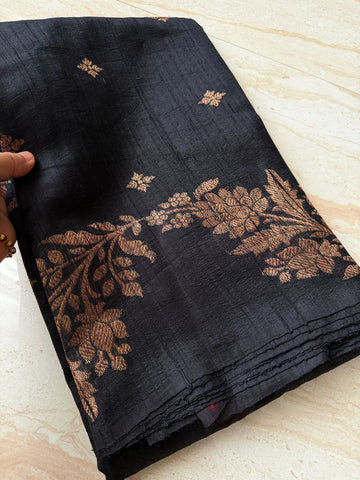 Pure Handloom Border Less Tussar Raw Silk Banarasi Saree