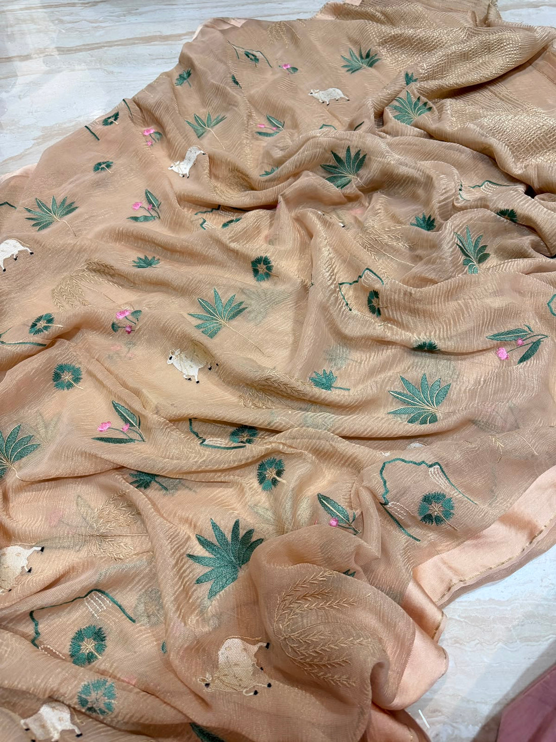 Pure Crush Tissue Georgette Saree With Machine Embroidery
