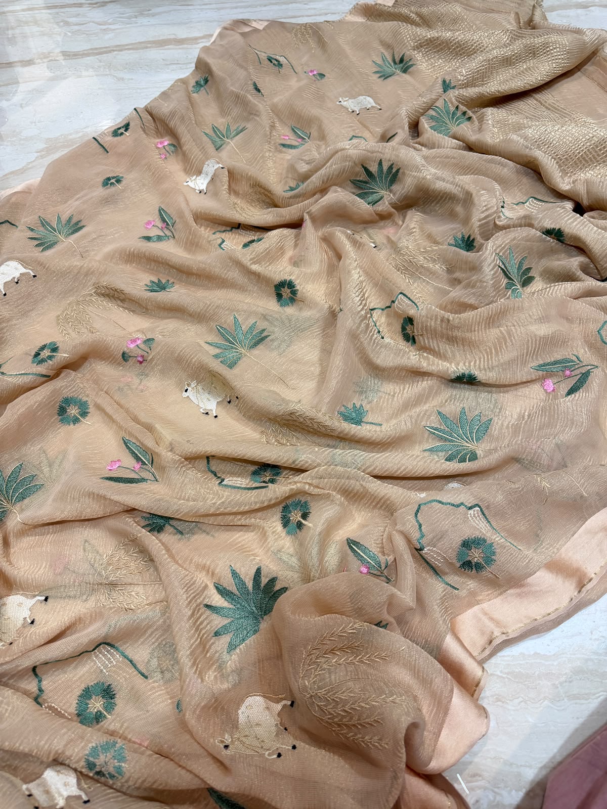 Pure Crush Tissue Georgette Saree With Machine Embroidery