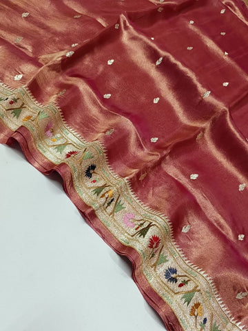 Pure Banarasi Soft Tissue Silk Saree With Paithani Border Embroidery
