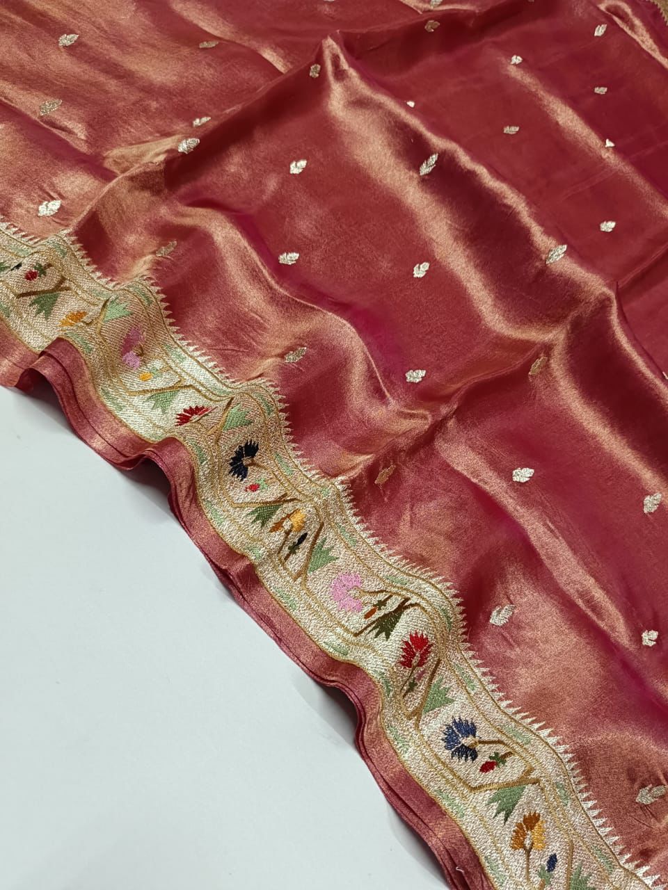 Pure Banarasi Soft Tissue Silk Saree With Paithani Border Embroidery