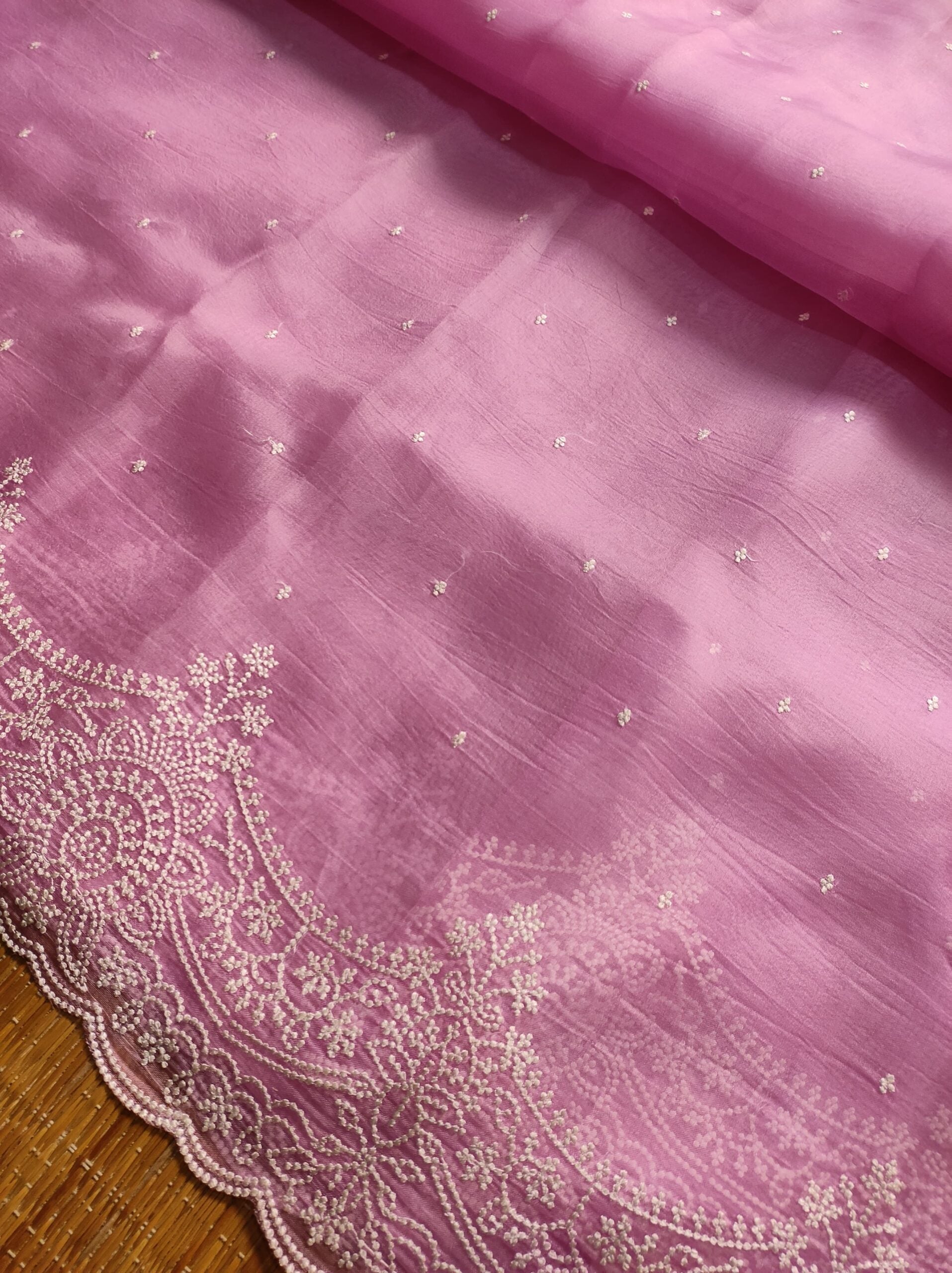 Pure Organza Silk Saree With Pearl Style Scallop Edging Embroidery Work All Over