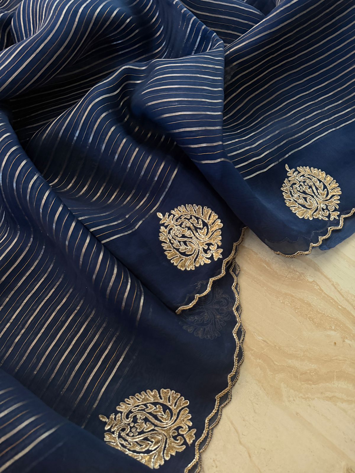 Pure Organza Saree Zari Stripes Saree With Hand Zardozi Dabka Work Butta
