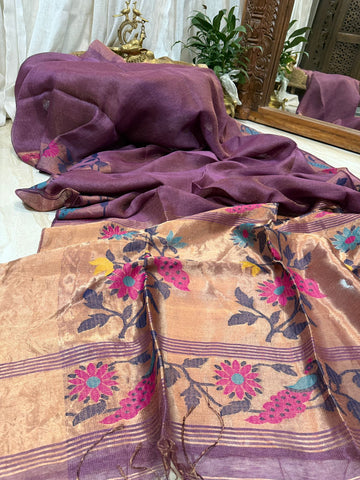 Pure Linen Silk Tissue Border and Pallu Saree With Paithani Weave