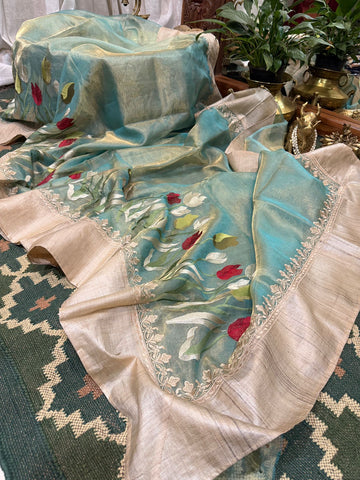 Banarasi Soft Tissue Embroidery Silk Saree With Tussar Border