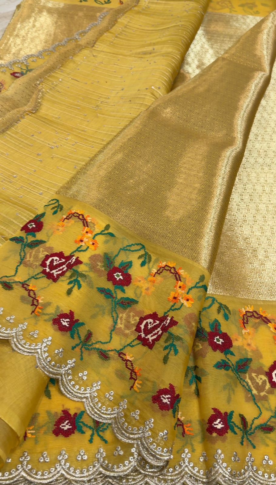 Banarasi Tissue Brocade Saree With Organza Cross Stitch Embroidery Border