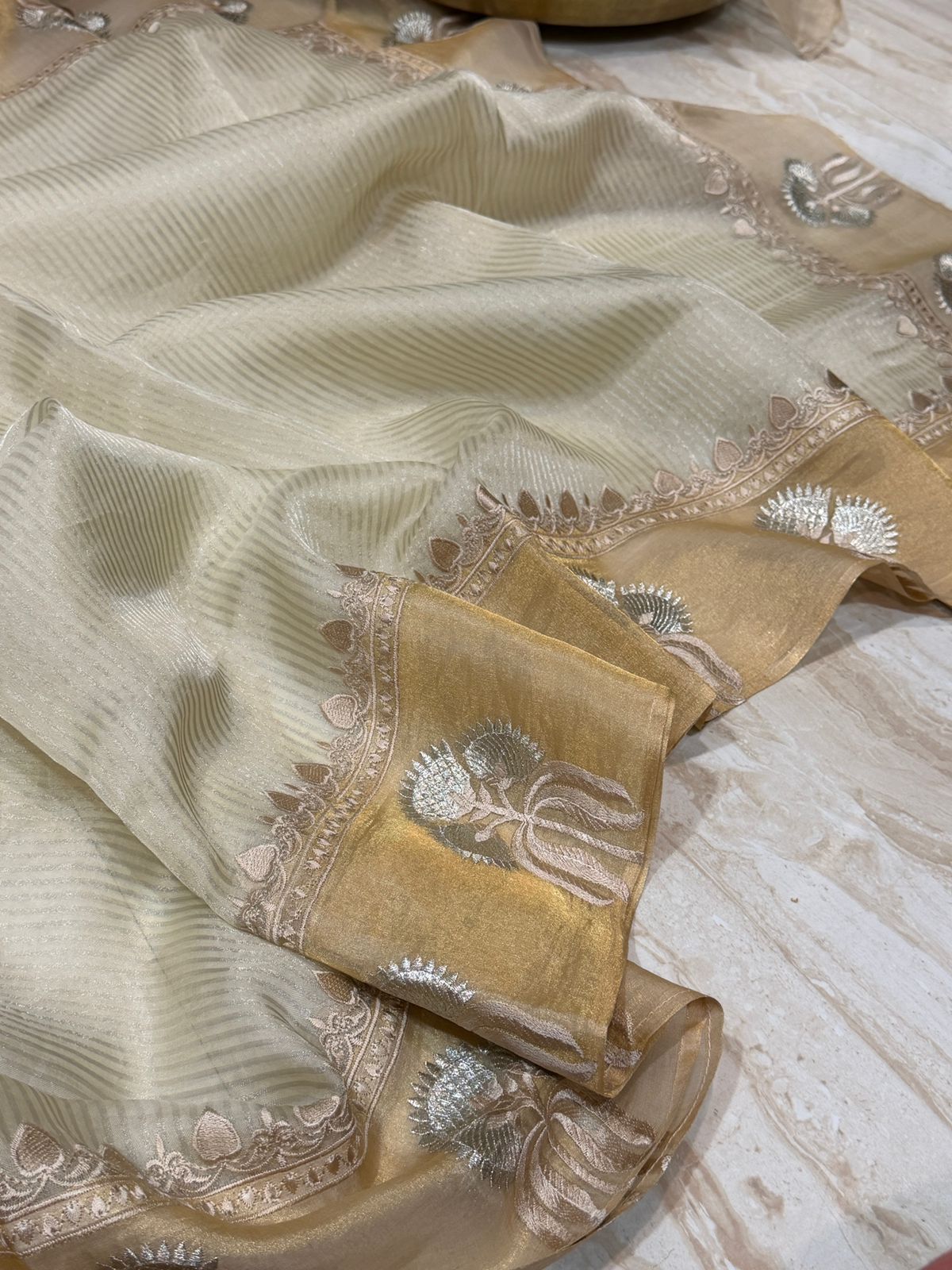 Banarasi Soft Tissue Silk Saree With Embroidery Border & Cross Stitch Blouse Piece