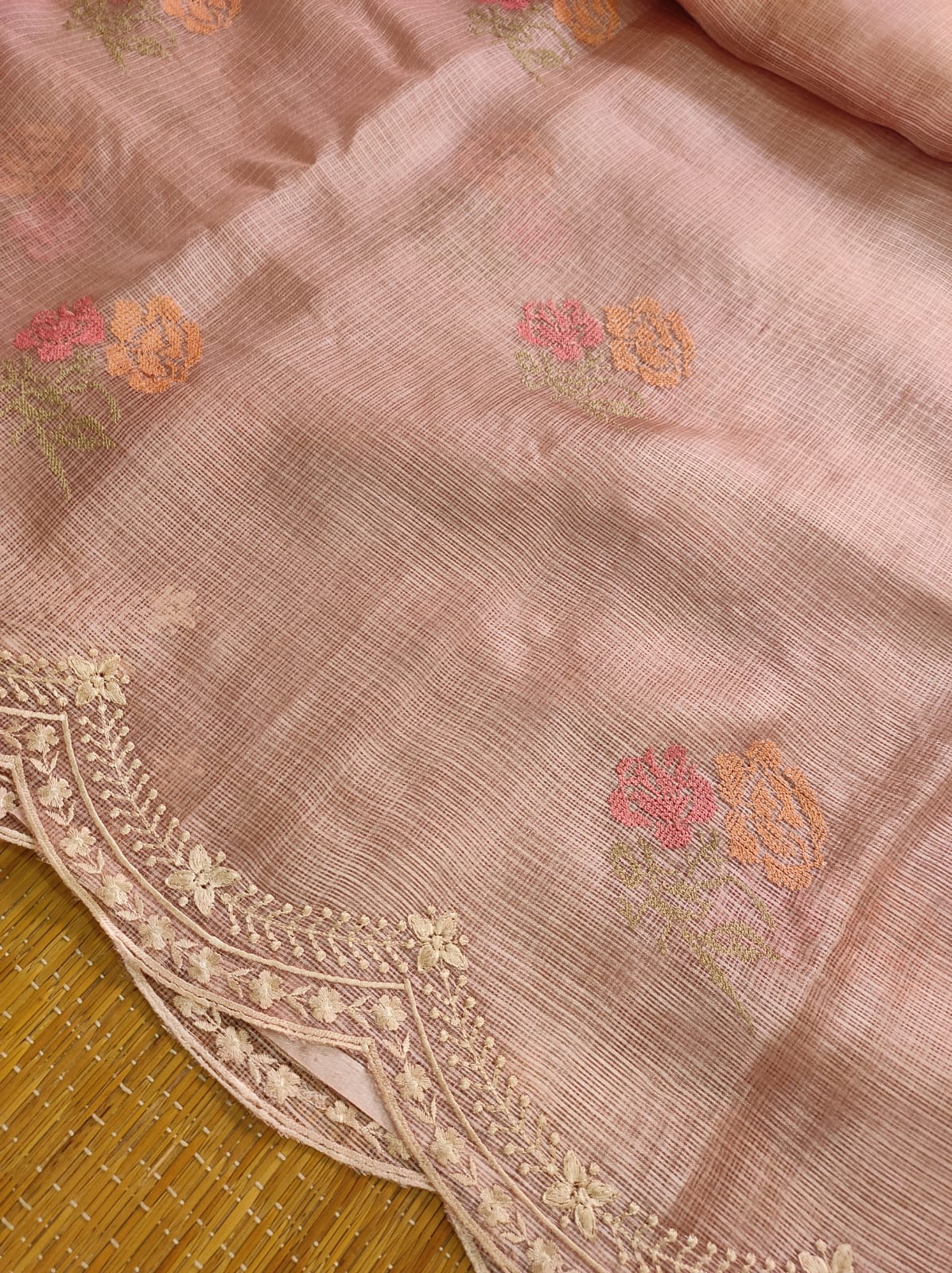 Pure Tussar Kota Silk Saree With Cross-Stitch Buta Embroidery All Over