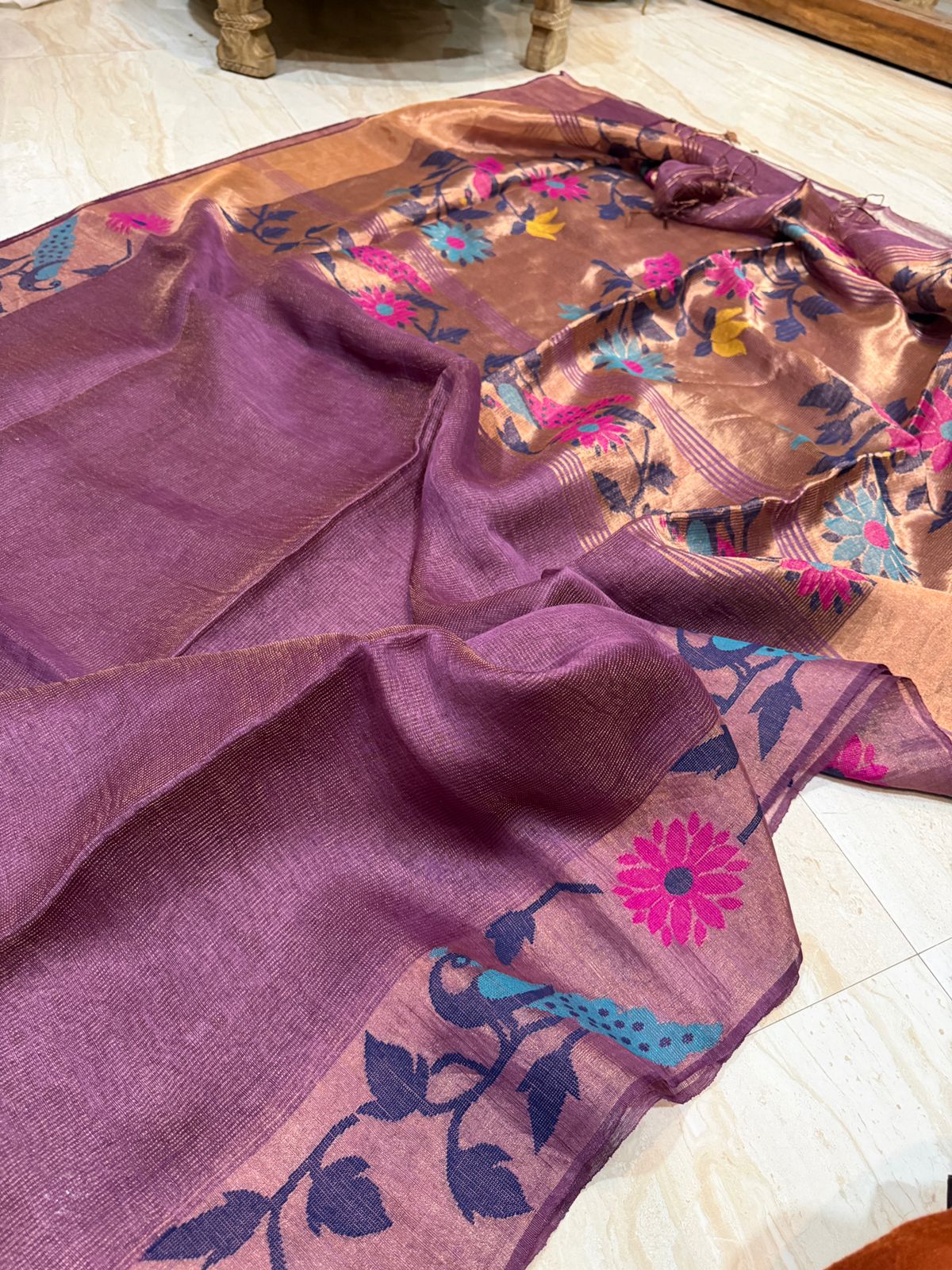 Pure Linen Silk Tissue Border and Pallu Saree With Paithani Weave