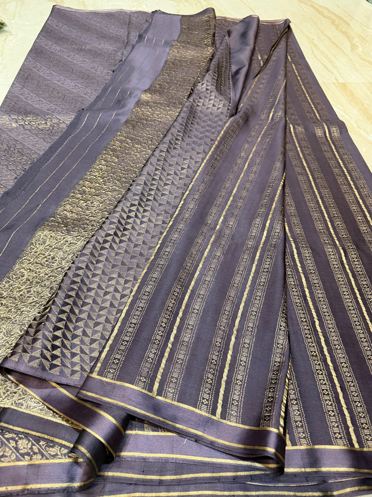 Mysore Brocade Crepe Silk Saree with Elegant Stripe Weave