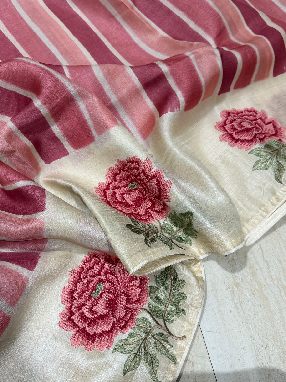 Tussar Silk Hand Brush Dye Saree with Cross Stitch Embroidery Buta