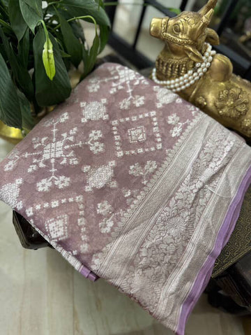 Banarasi Tissue Georgette Saree With Platinum Zari Weave