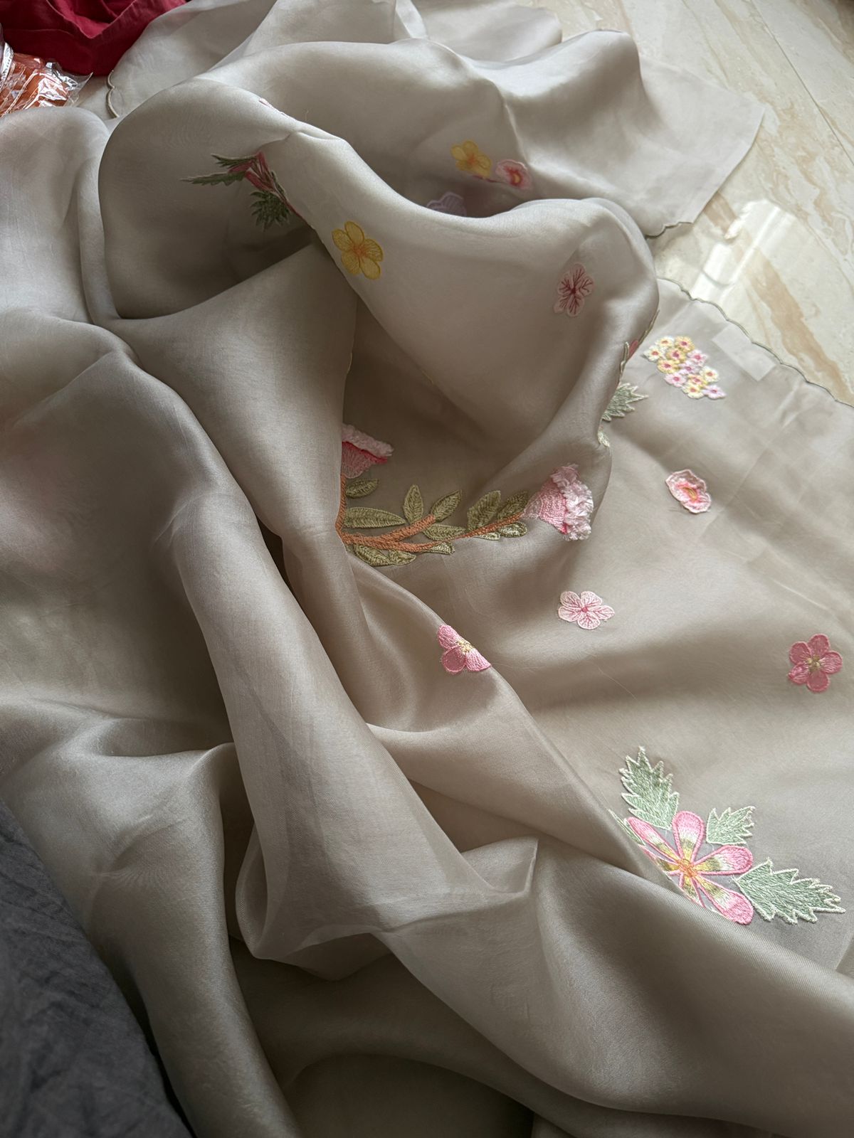 Organza Silk Saree With Appliqué Work With Embroidery