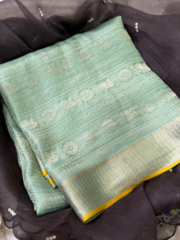 Pure Mysore Brocade Crepe Silk Saree With Platinum Zari Weave