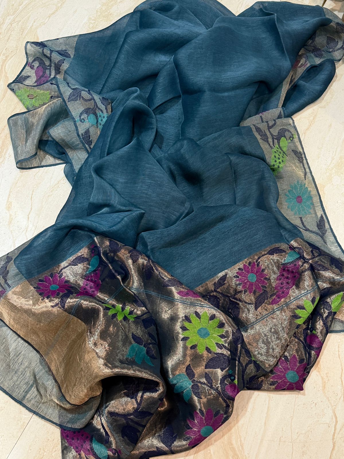 Pure Linen Silk Tissue Border and Pallu Saree With Jamdani Paithani Weave