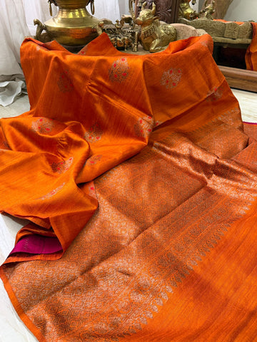 Pure Handloom Tussar Raw Silk Banarasi Saree With Meenakari
