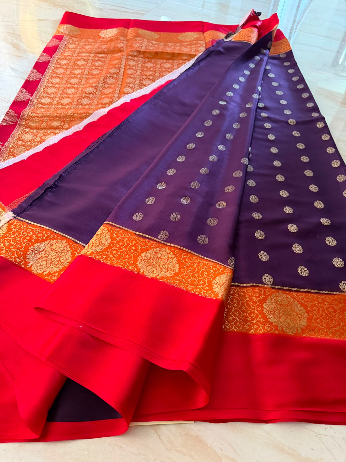 Mysore Brocade Crepe Silk Saree with Zari Weave | 3-Color Dye
