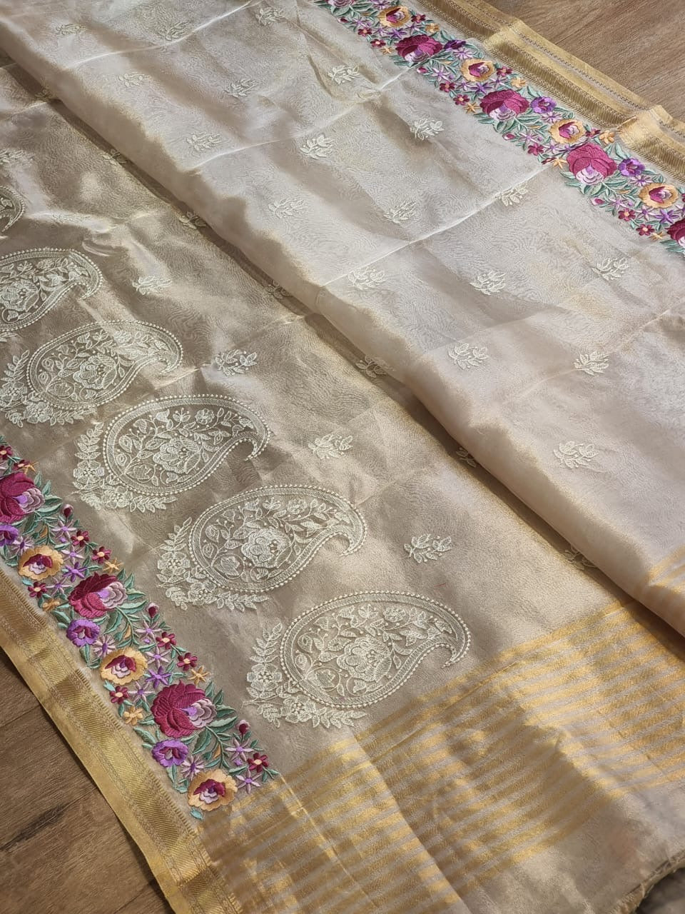 Pure Tissue Silk Parsi Border Chikankari Embroidery Saree