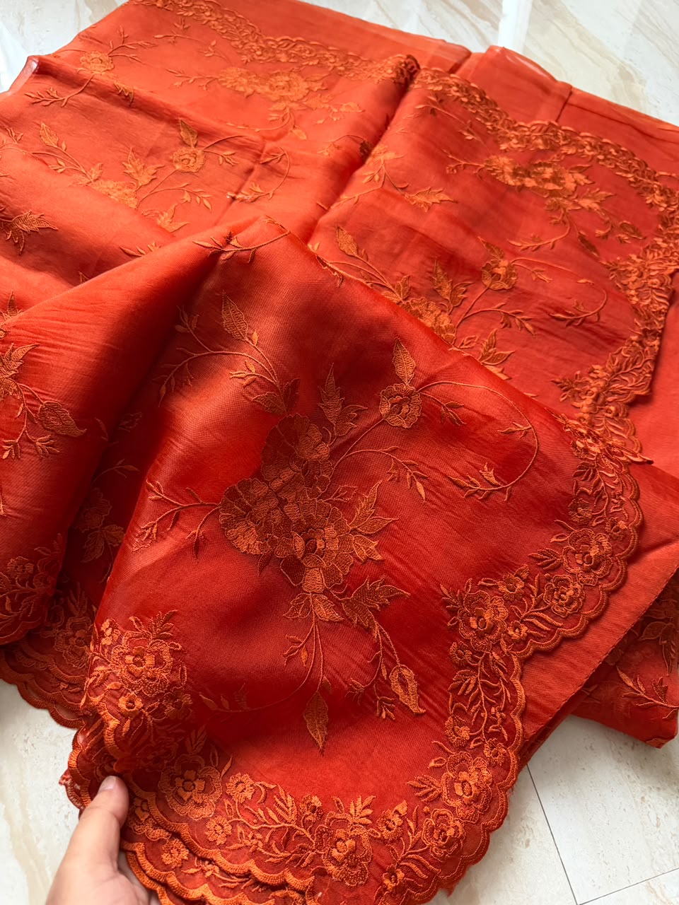 Pure Organza Silk Saree With Machine Embroidery All Over