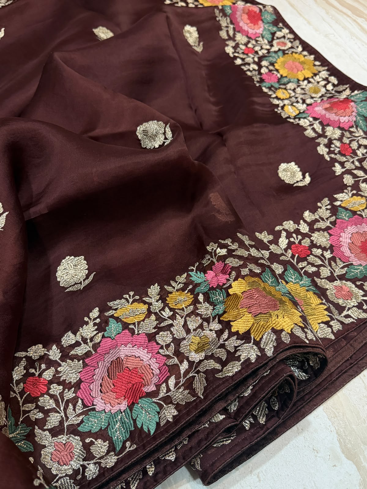 Pure Organza Silk Saree With Machine Embroidery