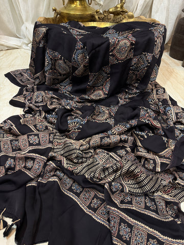 Pure Modal Silk Saree Hand Block Ajrakh Print