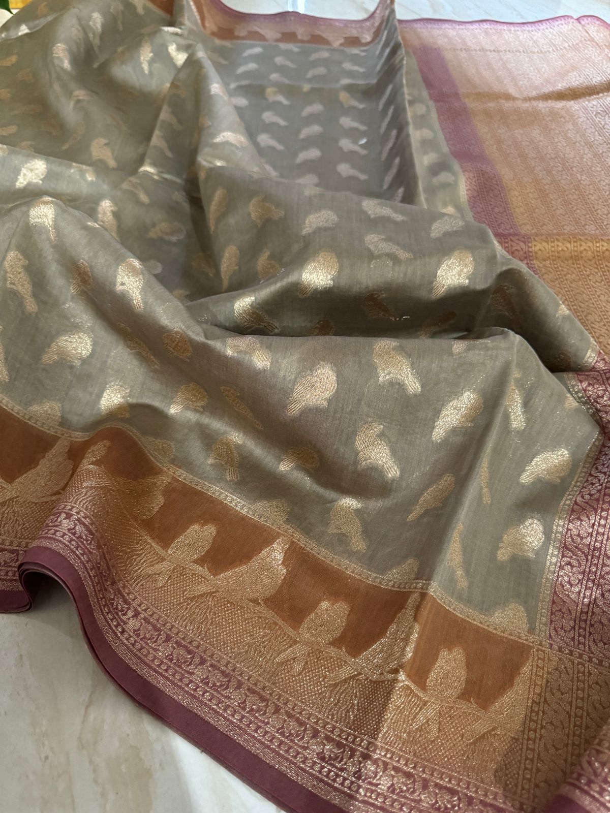Banarasi Handloom Moonga Saree with Zari Weave