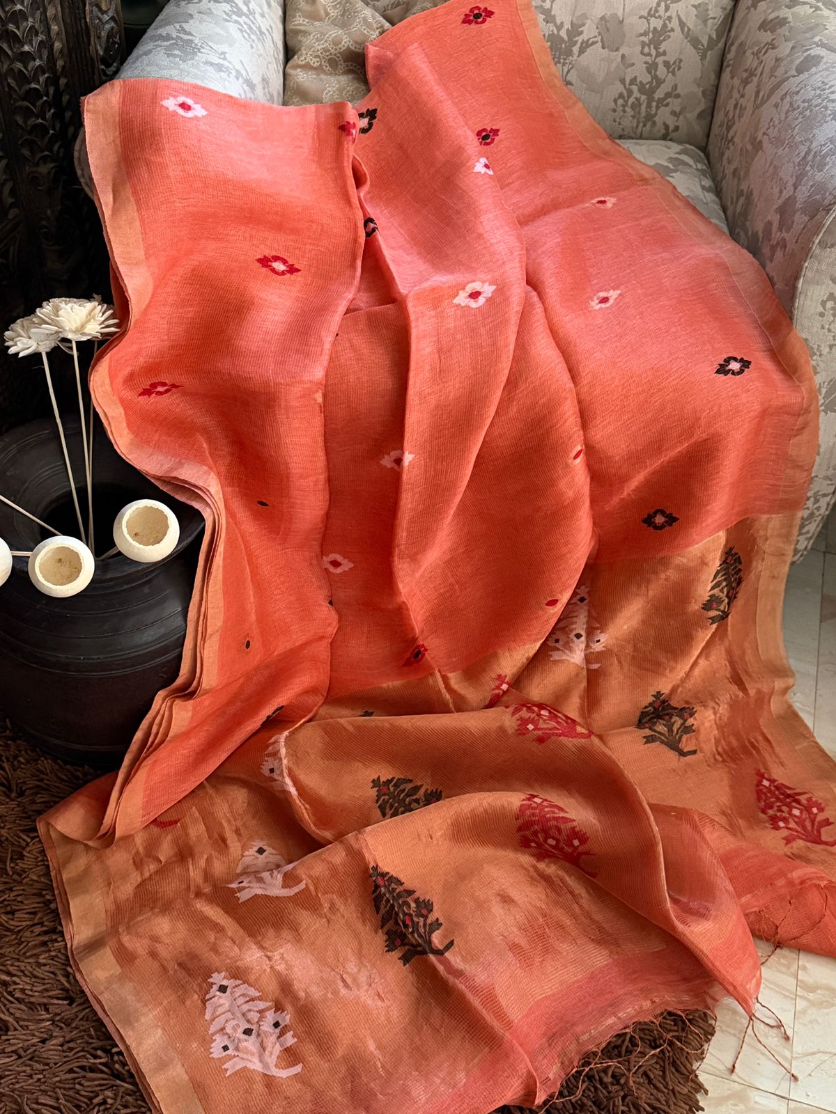 Pure Handloom Linen Tissue Silk Saree With Jamdani Weave