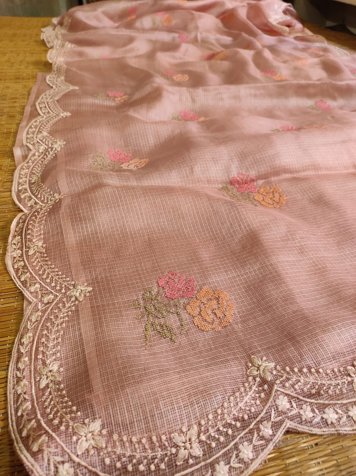 Pure Tussar Kota Silk Saree With Cross-Stitch Buta Embroidery All Over