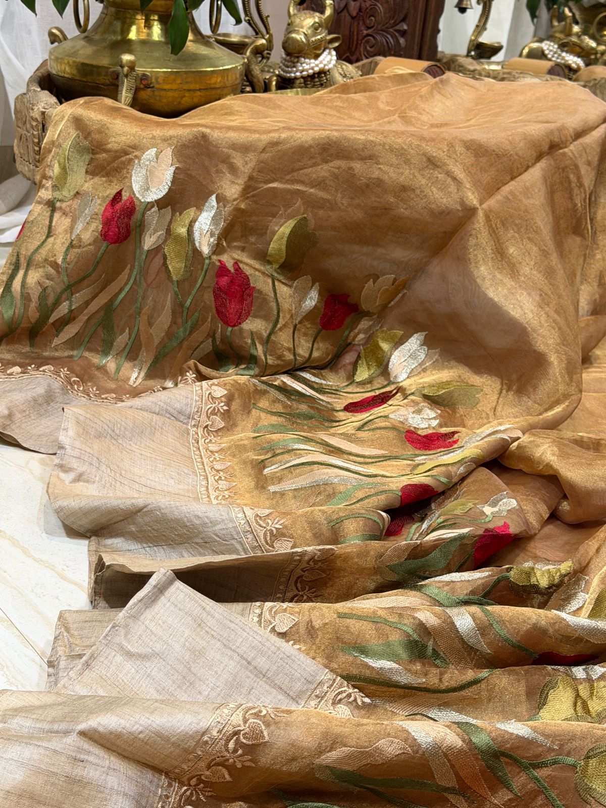 Banarasi Soft Tissue Embroidery Silk Saree With Tussar Border