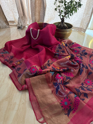 Pure Handloom Linen Silk Tissue Border and Pallu with Paithani Weave