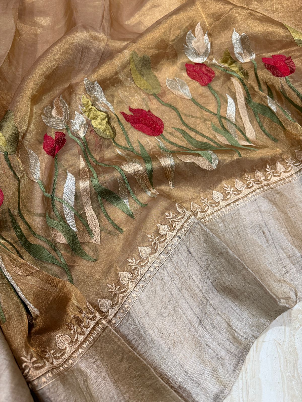 Banarasi Soft Tissue Embroidery Silk Saree With Tussar Border