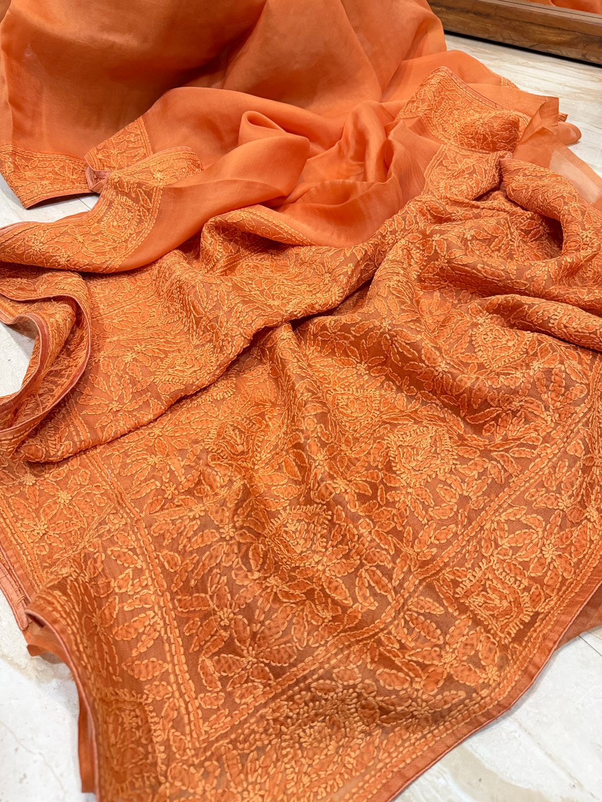 Organza Silk Saree With Chikankari Work