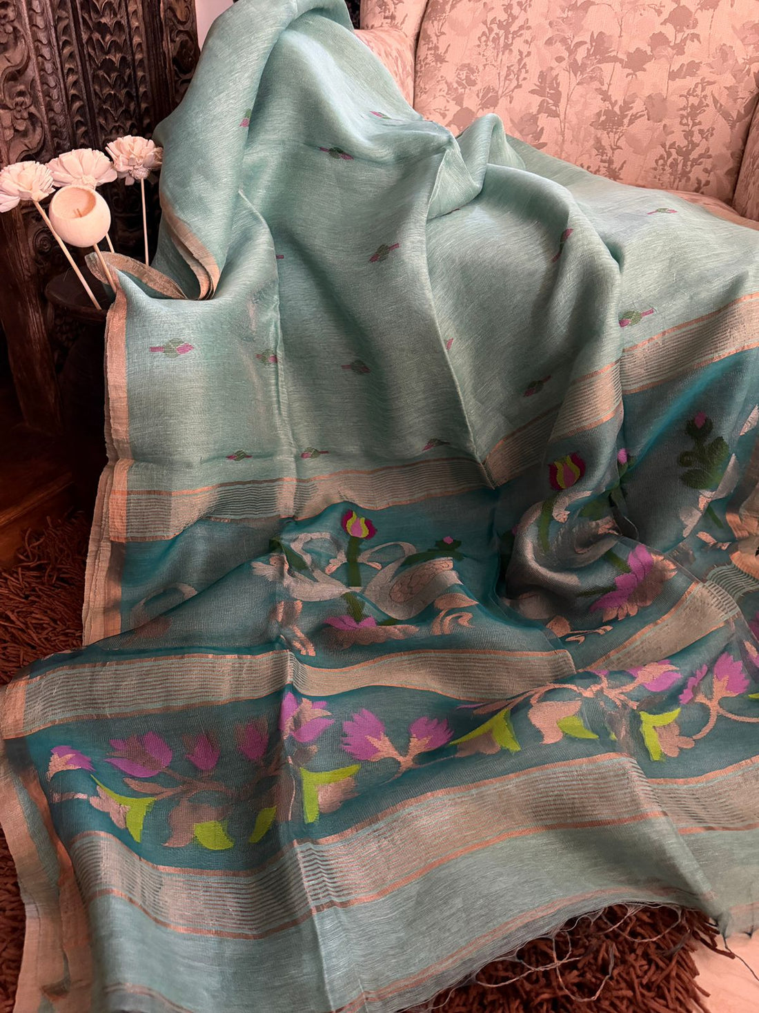 Pure Handloom Linen Tissue Silk Saree With Jamdani Weave