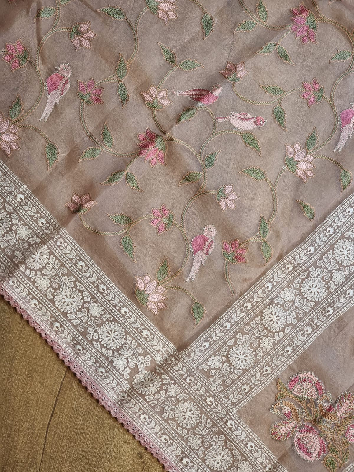 Pure Organza Silk Saree With Katha Machine Chikankari , Border with velvet lace