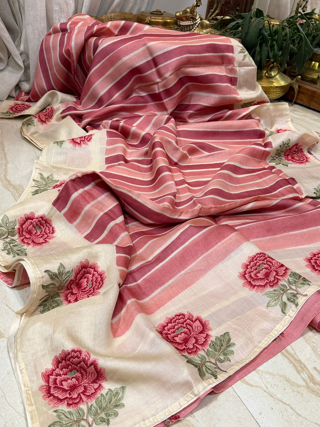 Tussar Silk Hand Brush Dye Saree with Cross Stitch Embroidery Buta