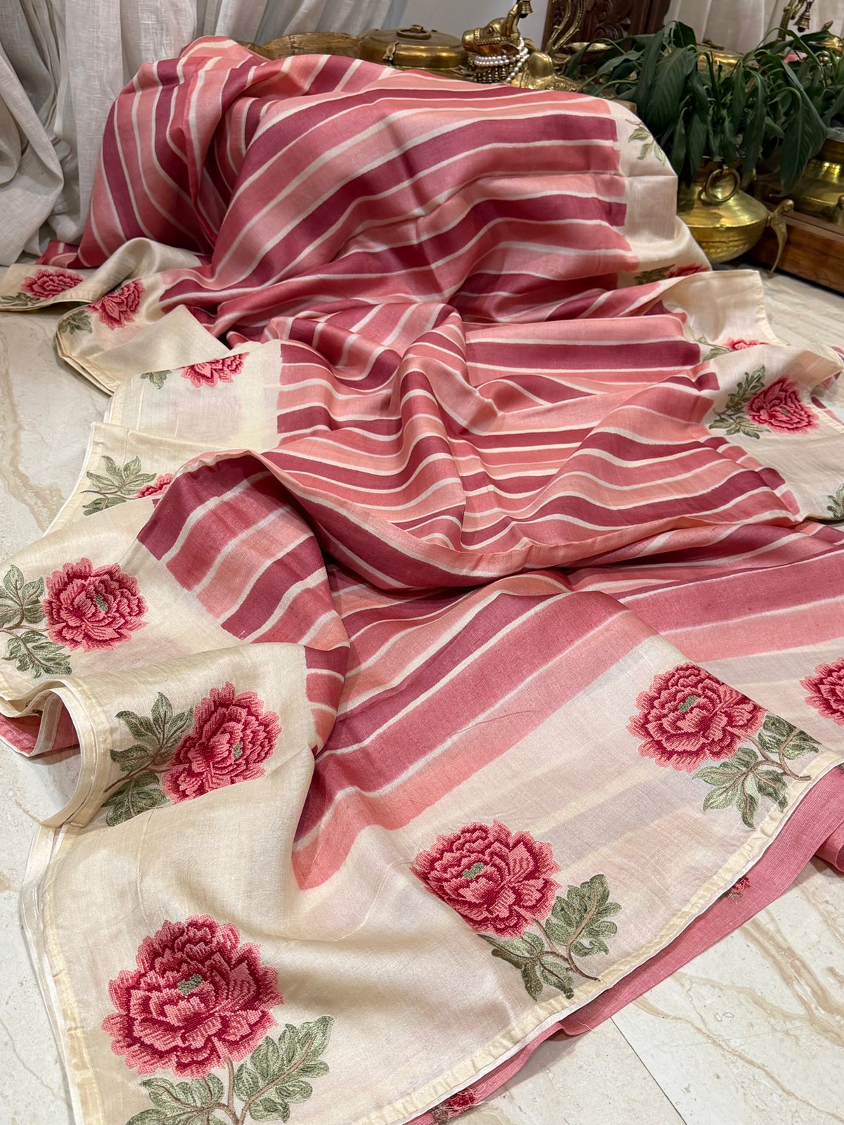 Tussar Silk Hand Brush Dye Saree with Cross Stitch Embroidery Buta