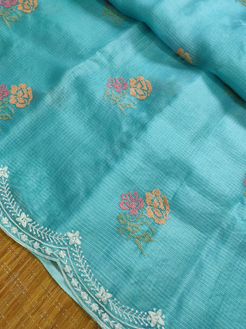 Pure Tusser Kota Silk Saree With Cross-Stitch Buta Embroidery All Over