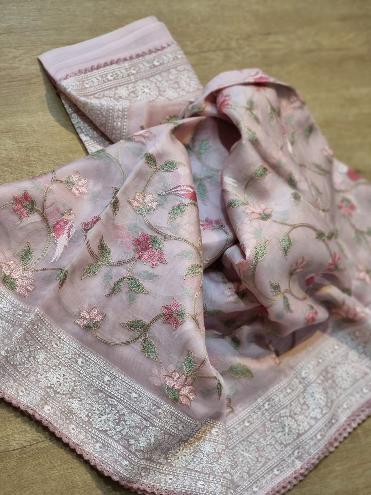 Pure Organza Silk Saree With Katha Machine Chikankari , Border with velvet lace