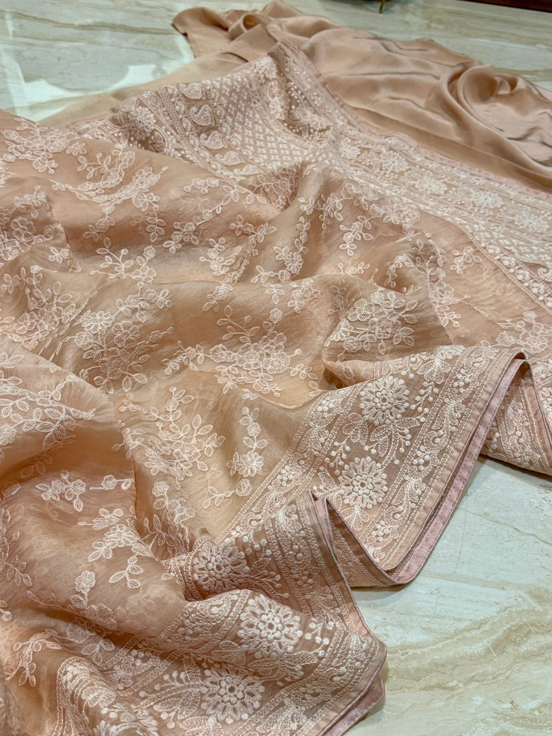 Pure Organza Sik Saree With Machine Embroidery Chikankari Work All Over