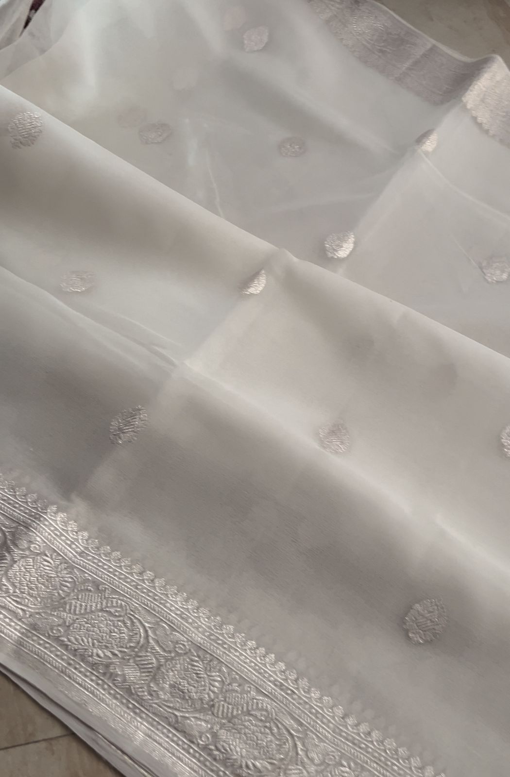 Pure Hamdloom Khaddi Chiffon Banarasi Saree With Silver Zari Woven All over