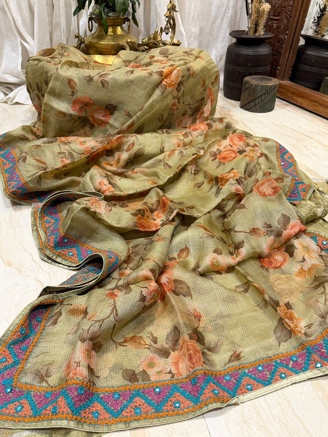 Pure Tussar Kota Digital Print Saree With Kutch Hand Embroidery Work