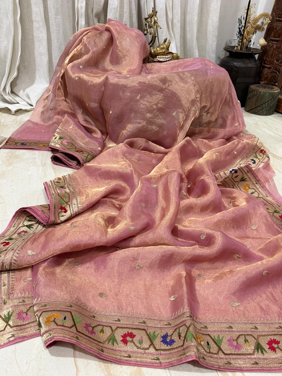 Premium Soft Tissue Silk Saree With Paithani Embroidery Border