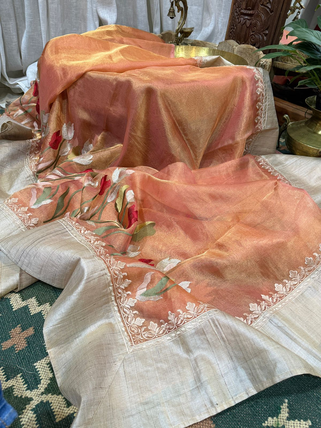 Banarasi Soft Tissue Embroidery Silk Saree With Tussar Border
