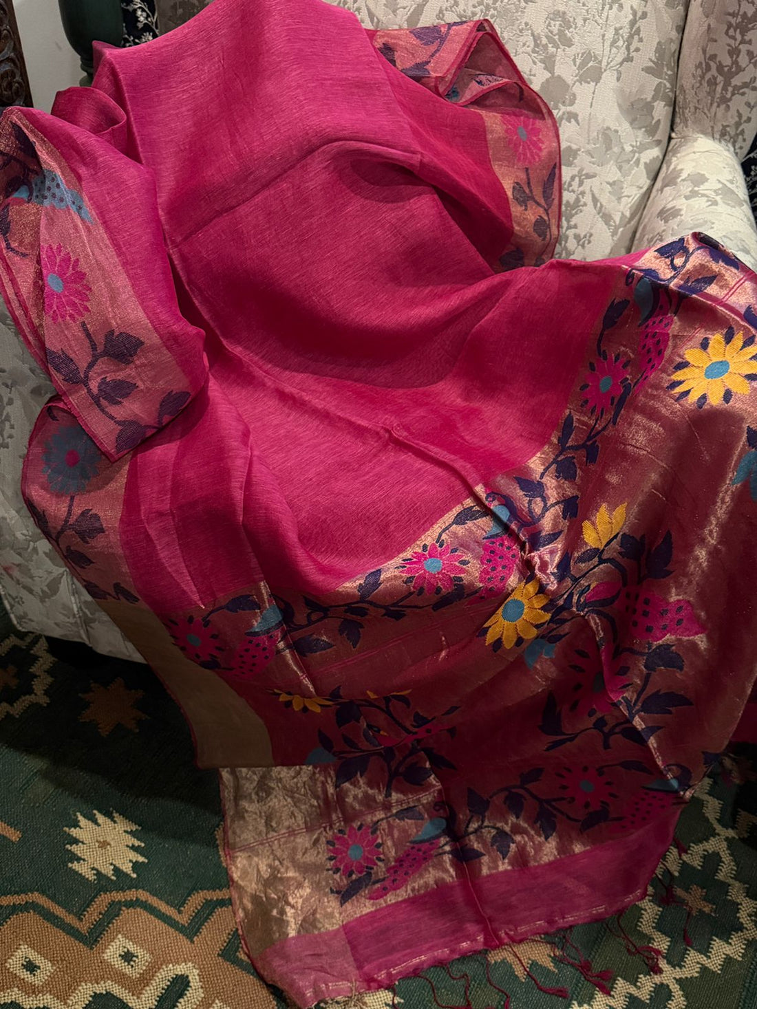 Pure Handloom Linen Silk Tissue Border and Pallu with Paithani Weave