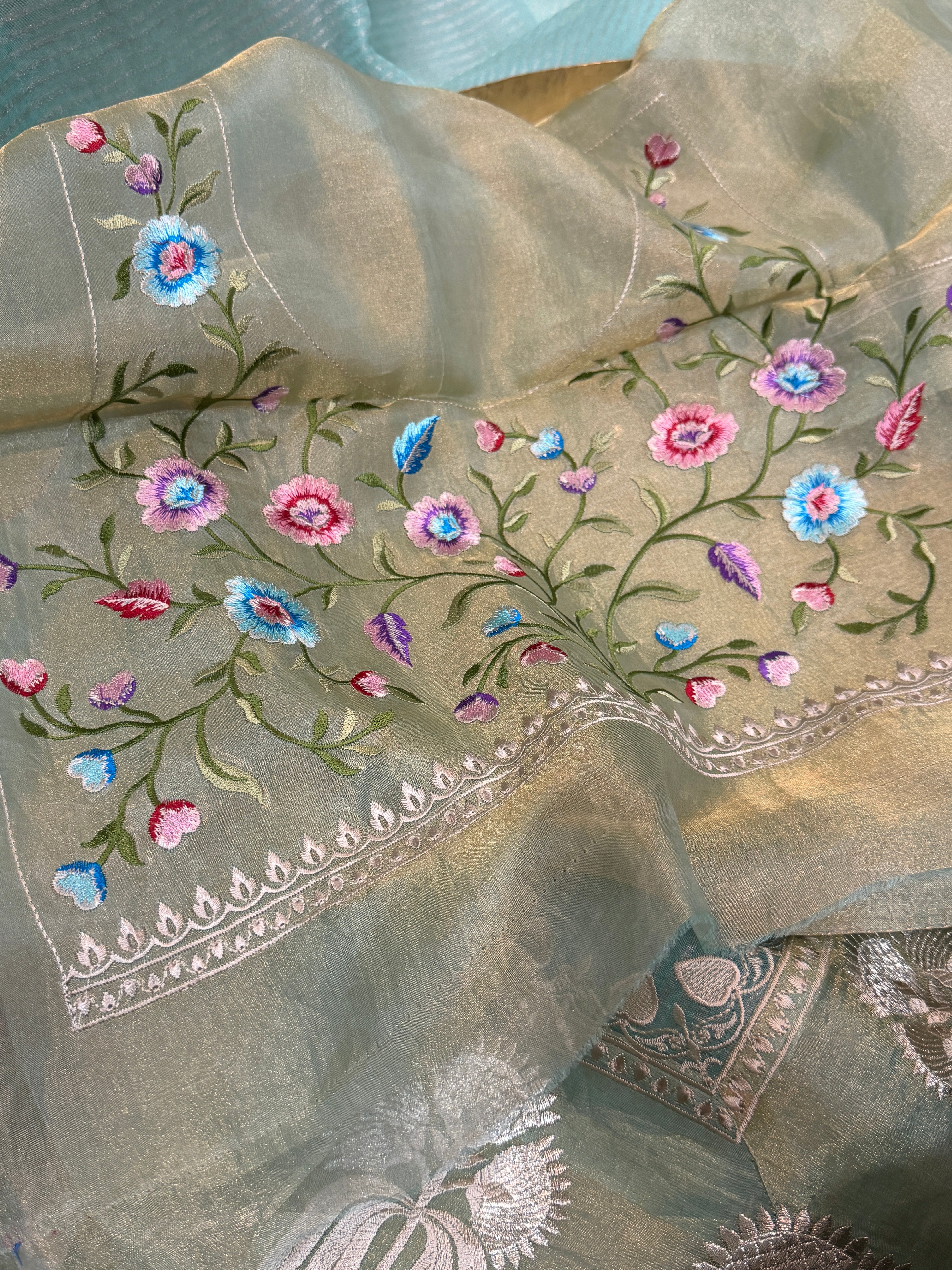 Banarasi Soft Tissue Silk Saree With Embroidery Border & Embroidery Blouse Piece