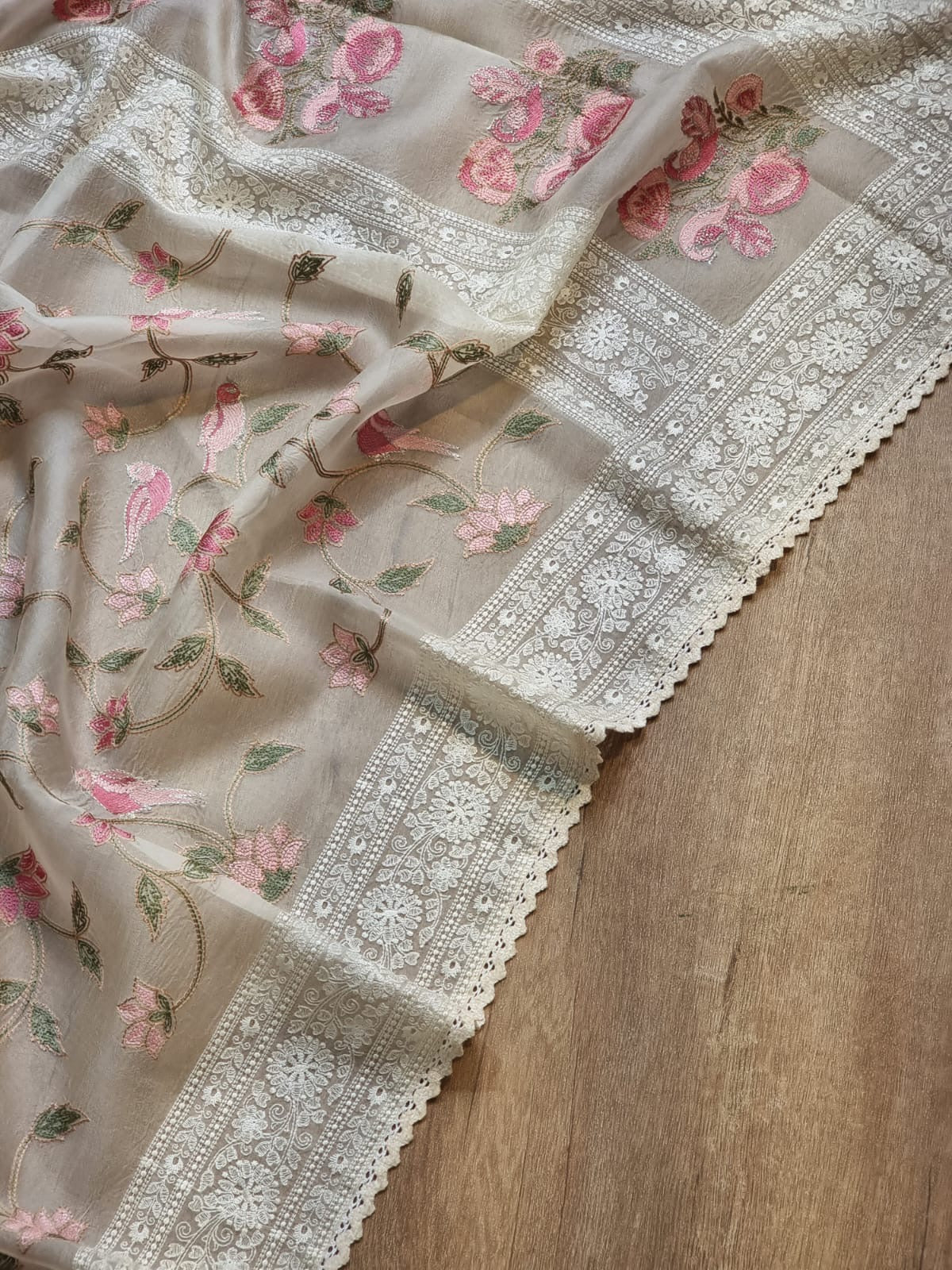 Pure Organza Silk Saree With Katha Machine Chikankari , Border with velvet lace