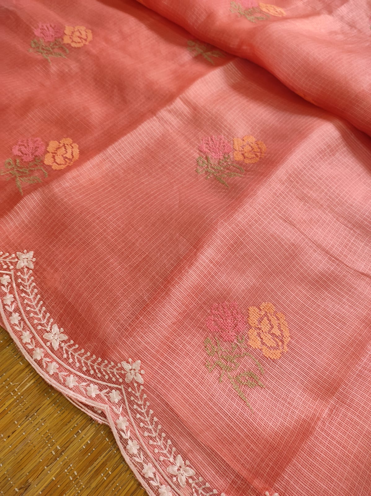 Pure Tussar Kota Silk Saree With Cross-Stitch Buta Embroidery All Over