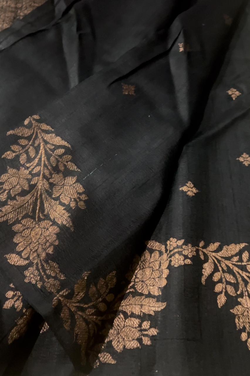 Beautiful Jet Black Dupion Raw Silk Banarasi Saree with Zari Weave All Over