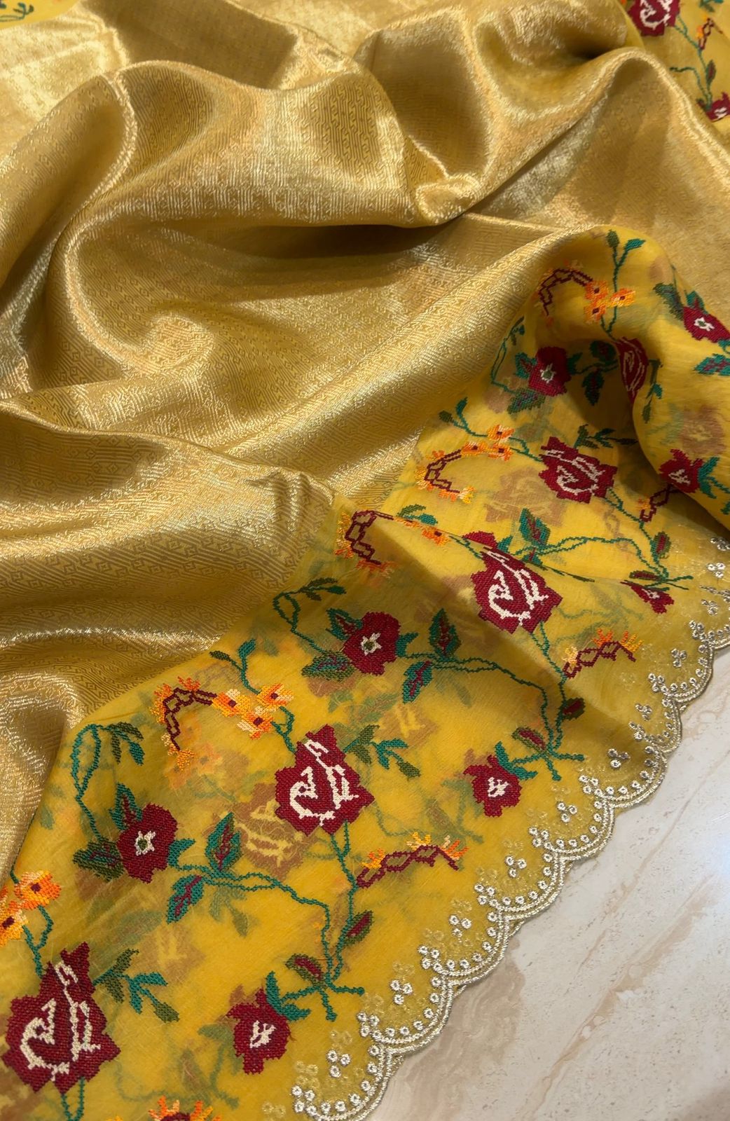 Banarasi Tissue Brocade Saree With Organza Cross Stitch Embroidery Border